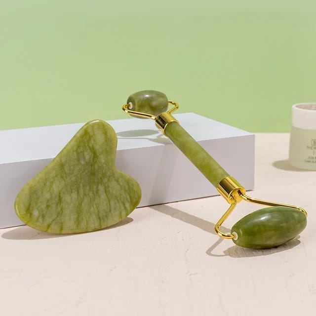 Green Jade Face Massage Roller and Guasha Set No 1 | Revitalize Your Skin & Achieve a Radiant Glow